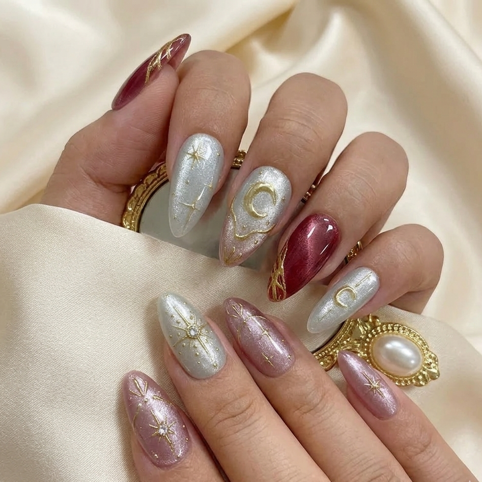 BlushTip™ Celestial Star Y2K Press-On Nails – Blue Gradient French Tip with Gold Moon (24pcs)