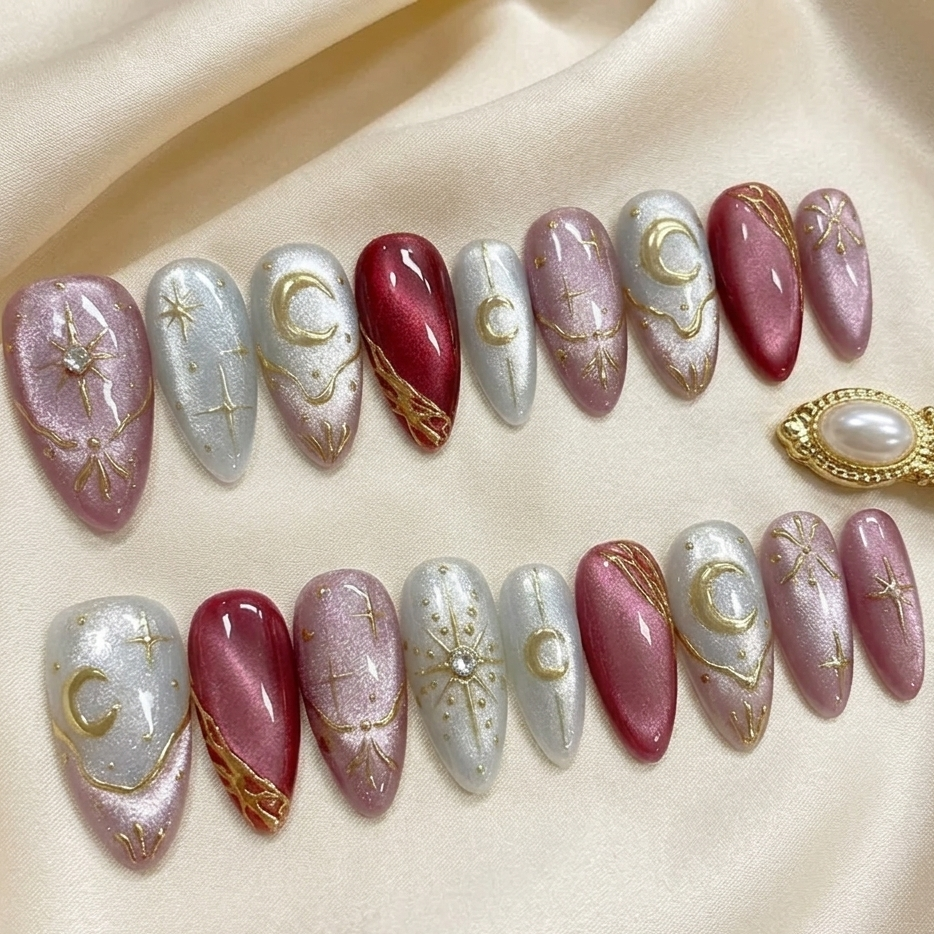 BlushTip™ Celestial Star Y2K Press-On Nails – Blue Gradient French Tip with Gold Moon (24pcs)