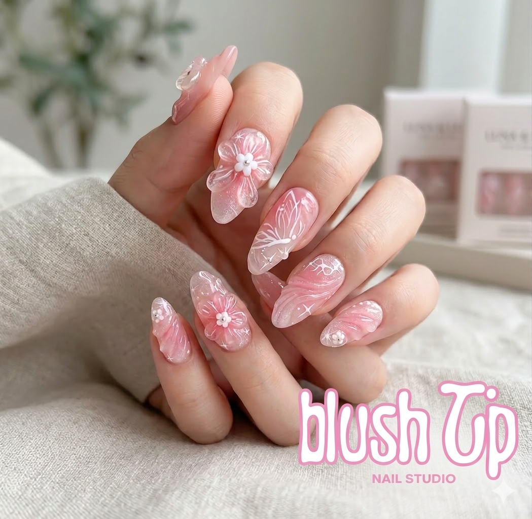 BlushTip™ Pink 3D Floral Almond Press-On Nails – 24pcs Korean Jelly Bloom Set