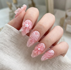 BlushTip™ Pink 3D Floral Almond Press-On Nails – 24pcs Korean Jelly Bloom Set