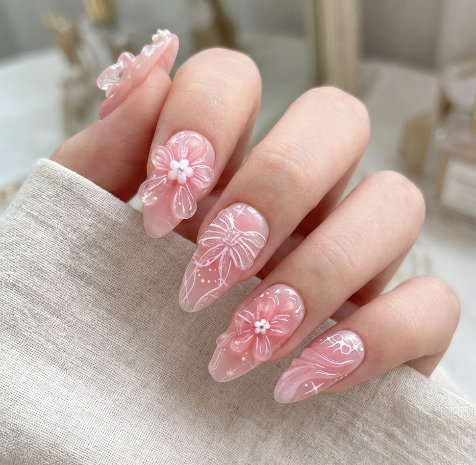 BlushTip™ Pink 3D Floral Almond Press-On Nails – 24pcs Korean Jelly Bloom Set