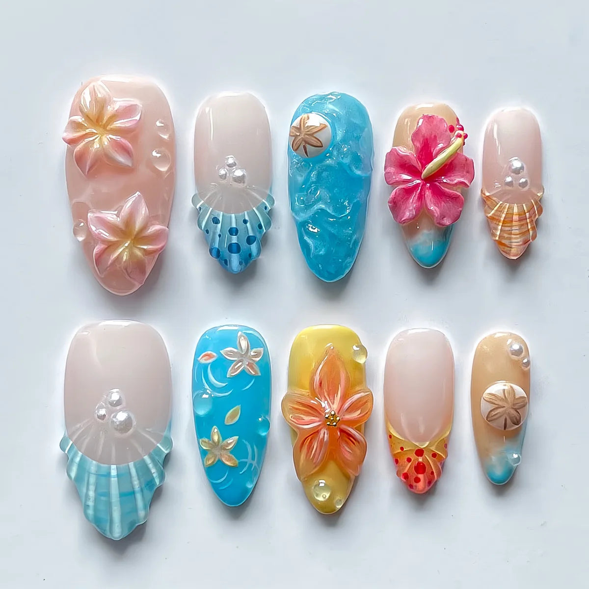 BlushTip™ Tropical Paradise 3D Press-On Nails – Floral Beach Almond Set (10pcs)