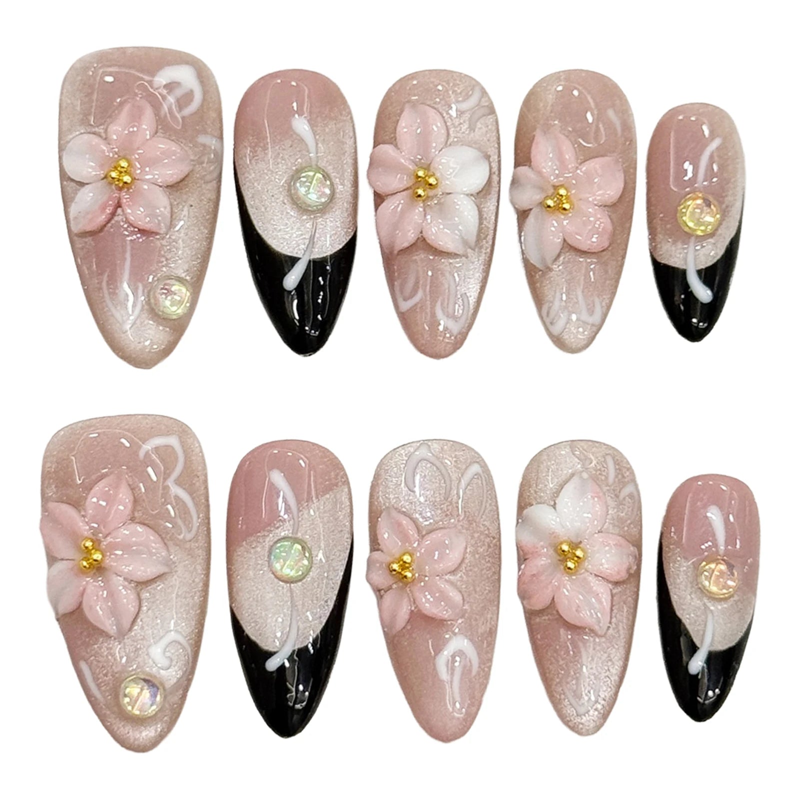 3D Carving Peach Flower Press-On Nails – Pink Cat’s Eye & Black French by Blushtip 🌸💖🖤 (10 pcs)