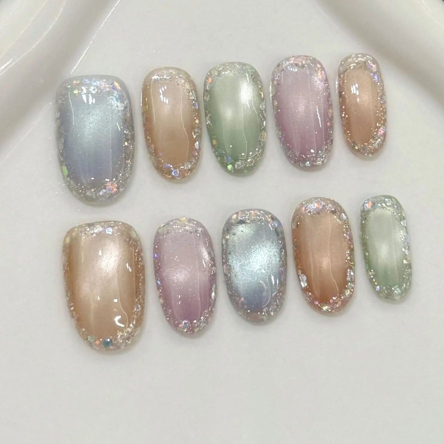 Colourful Cat Eye Press-On Nails – Glossy Glass Bead Effect (10 pcs)