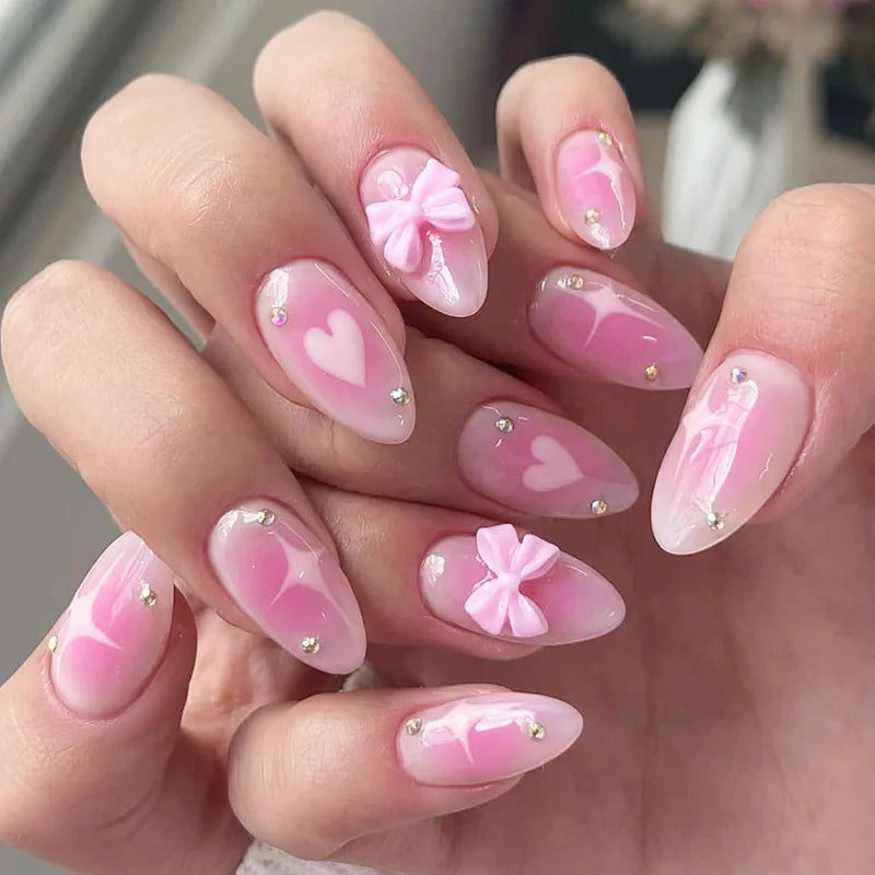 Blush Pink Almond Press-On Nails – 3D Bowknots Decoration by Blushtip 🎀💖 (24pcs)
