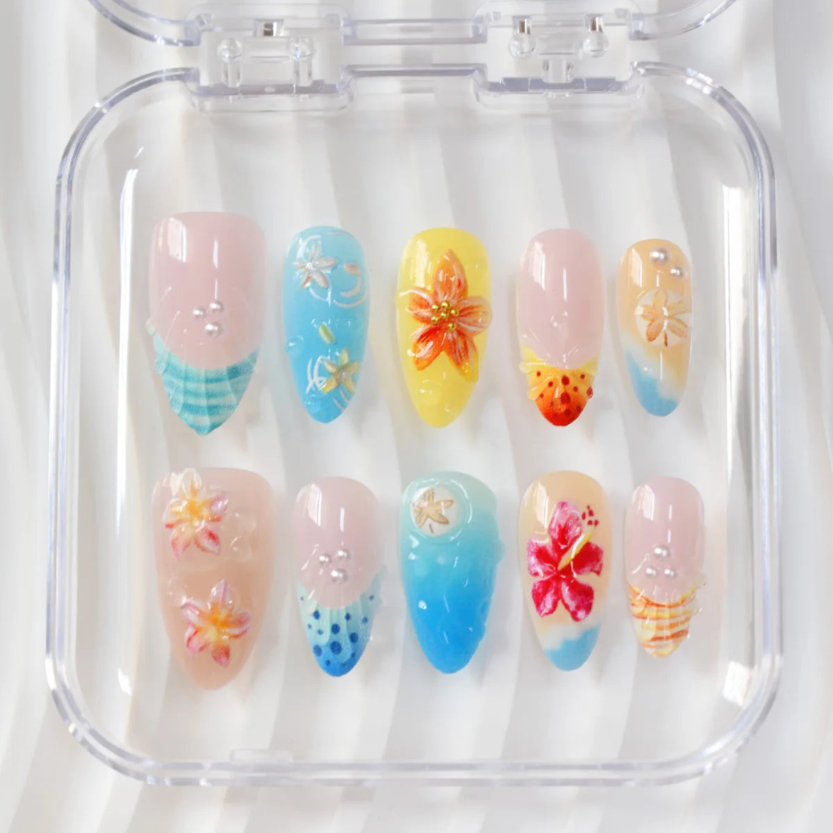 BlushTip™ Tropical Paradise 3D Press-On Nails – Floral Beach Almond Set (10pcs)