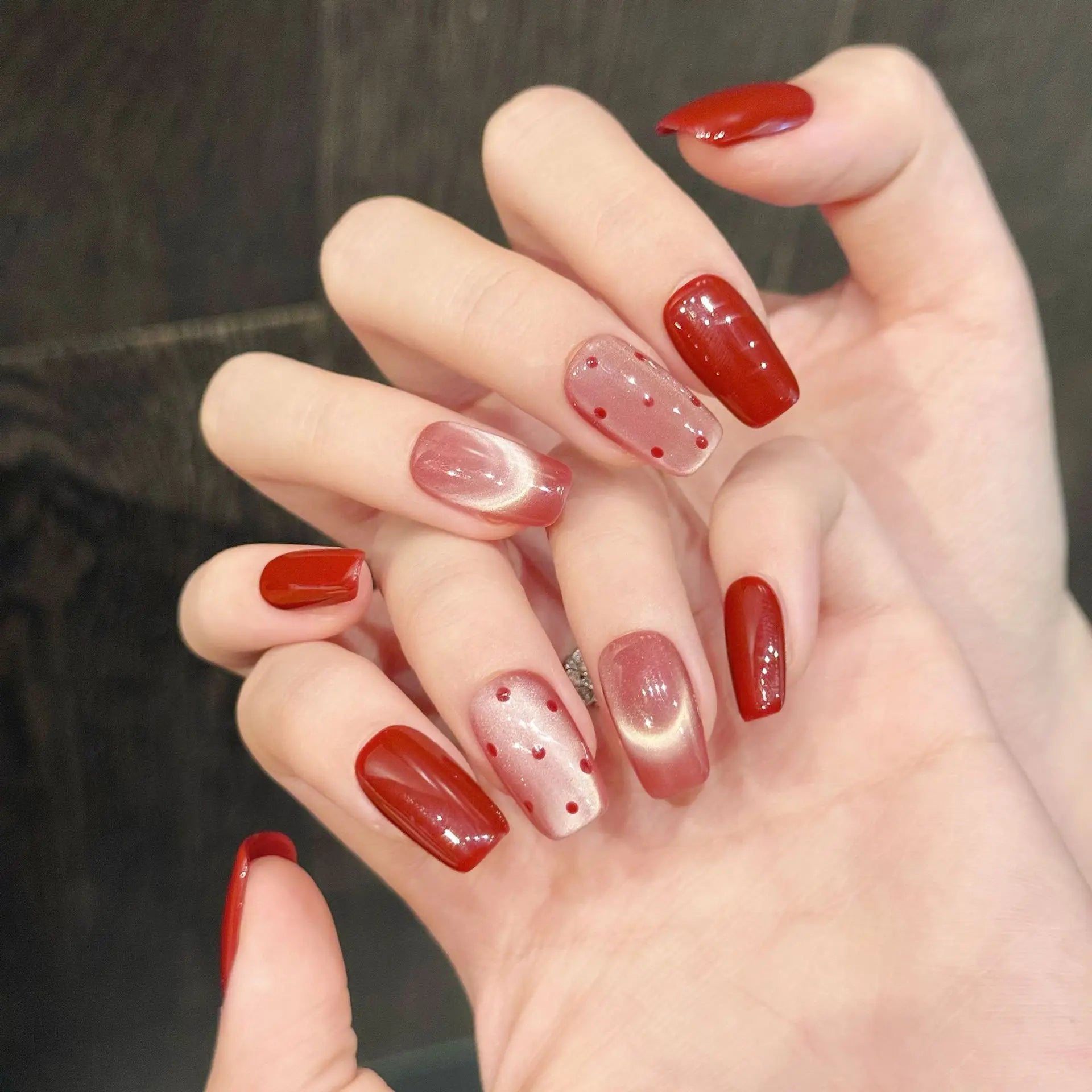 Handmade Red Wave Cat’s Eye Press-On Nails – Short Square Korean Style by Blushtip ❤️✨ (10pcs)