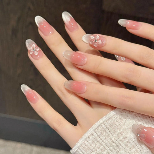 10pcs Solid Color Handmade Fake Nails 3D Relief Ice Crystal Flower Press On Nails Sweet Blush Cat's Eye Glossy Almond False Nail
