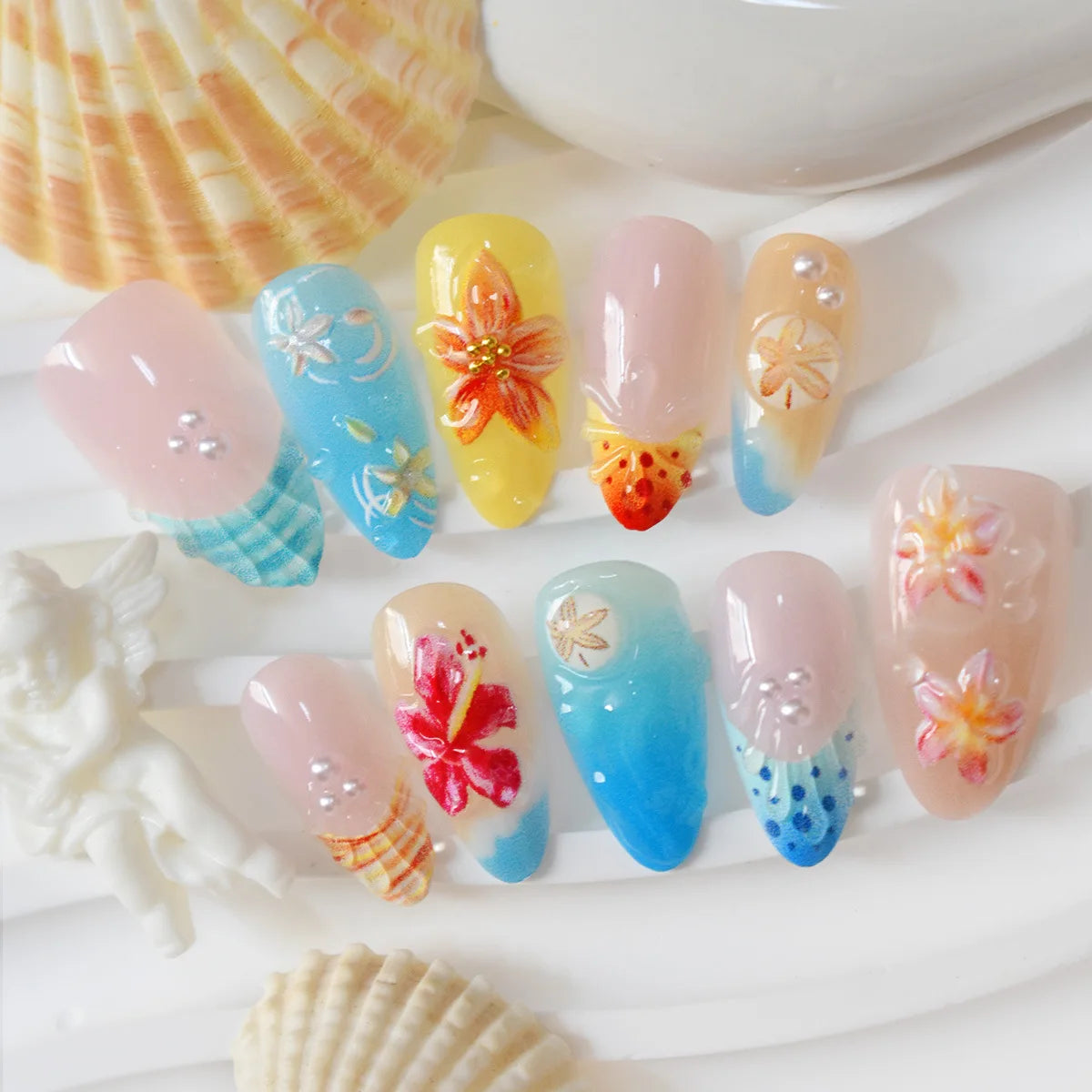 BlushTip™ Tropical Paradise 3D Press-On Nails – Floral Beach Almond Set (10pcs)