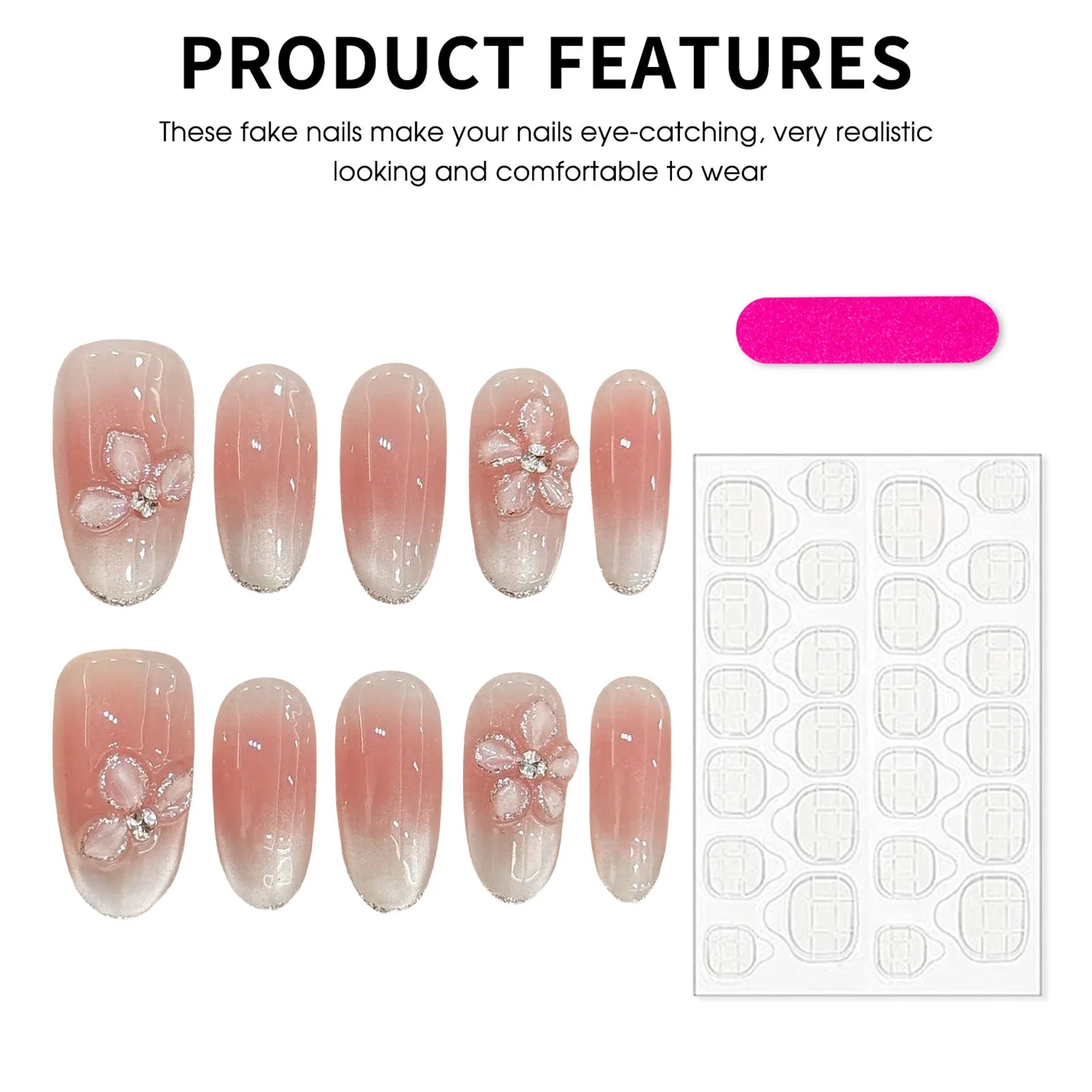 10pcs Solid Color Handmade Fake Nails 3D Relief Ice Crystal Flower Press On Nails Sweet Blush Cat's Eye Glossy Almond False Nail