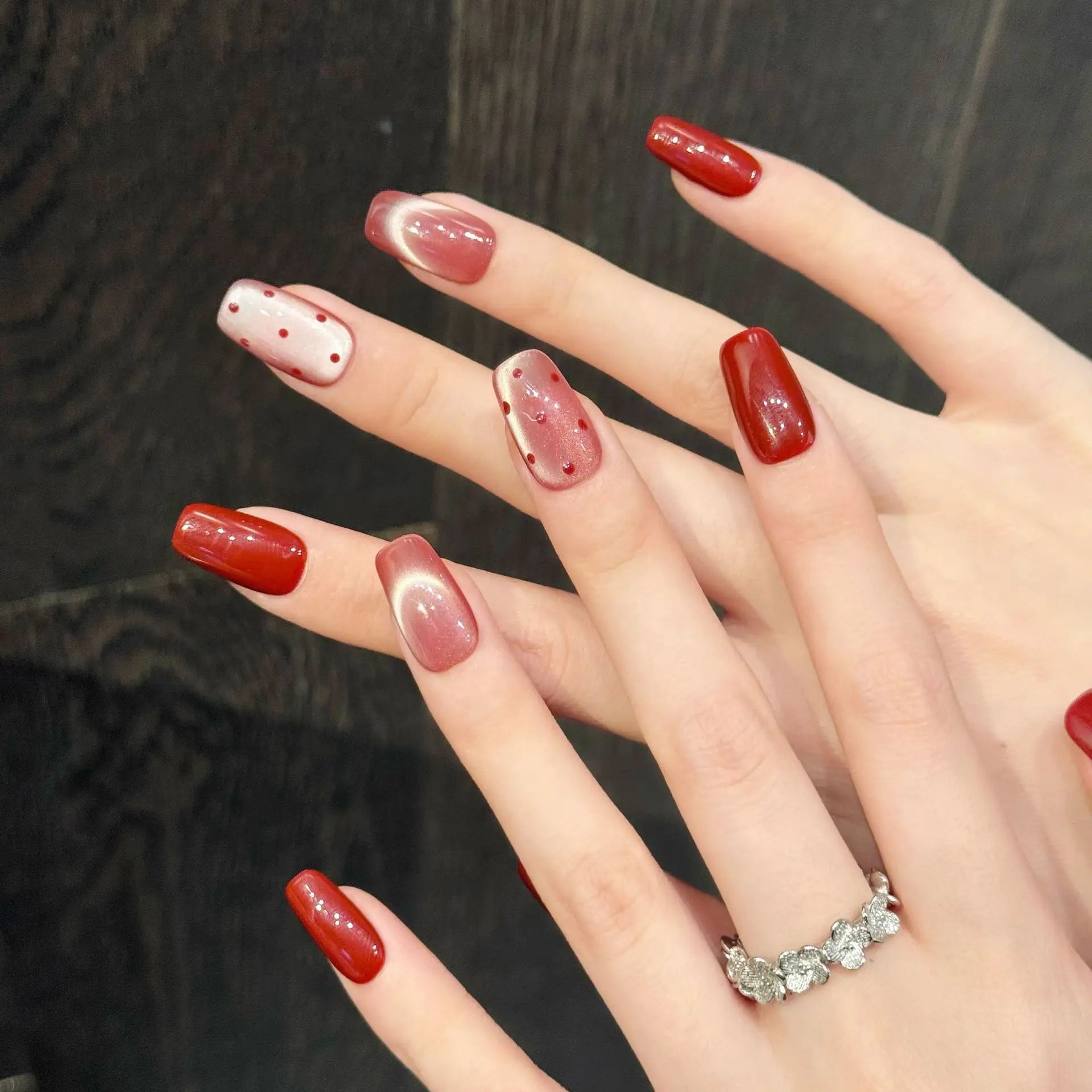 Handmade Red Wave Cat’s Eye Press-On Nails – Short Square Korean Style by Blushtip ❤️✨ (10pcs)
