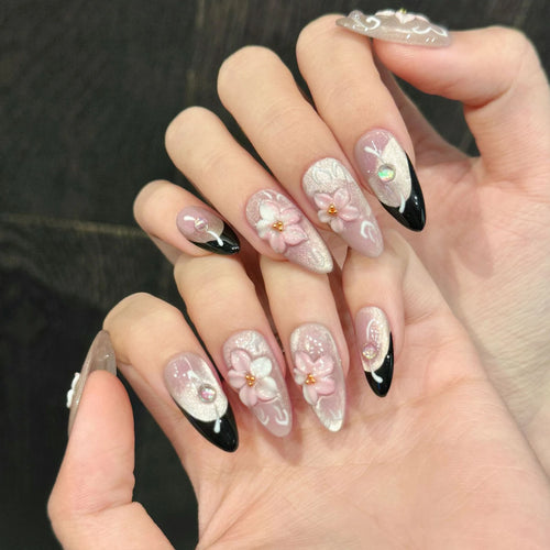 3D Carving Peach Flower Press-On Nails – Pink Cat’s Eye & Black French by Blushtip 🌸💖🖤 (10 pcs)