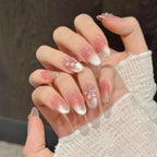 10pcs Solid Color Handmade Fake Nails 3D Relief Ice Crystal Flower Press On Nails Sweet Blush Cat's Eye Glossy Almond False Nail