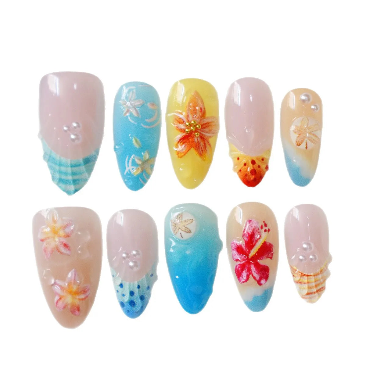BlushTip™ Tropical Paradise 3D Press-On Nails – Floral Beach Almond Set (10pcs)