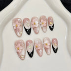 3D Carving Peach Flower Press-On Nails – Pink Cat’s Eye & Black French by Blushtip 🌸💖🖤 (10 pcs)