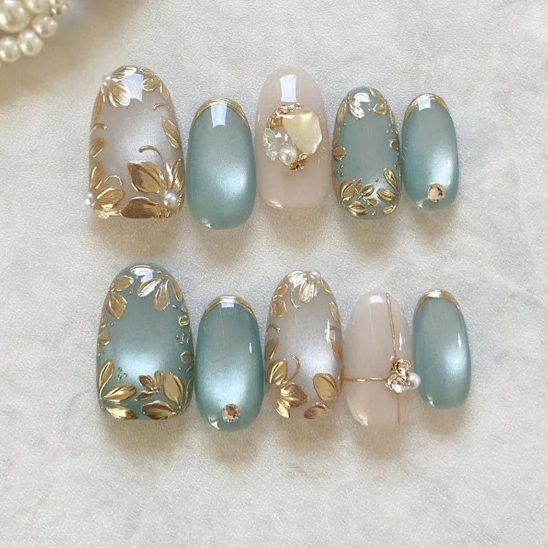BlushTip™ Sage Luxe Gold Press-On Nails – 3D Floral Pearl Almond Set (24pcs)