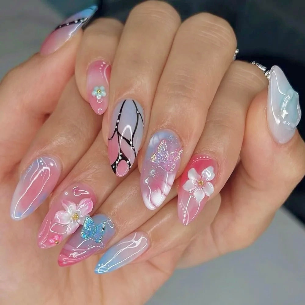 3D Design Press-On Nails – Floral Butterfly Glossy Almond by Blushtip 🦋🌸✨ (24 pcs)