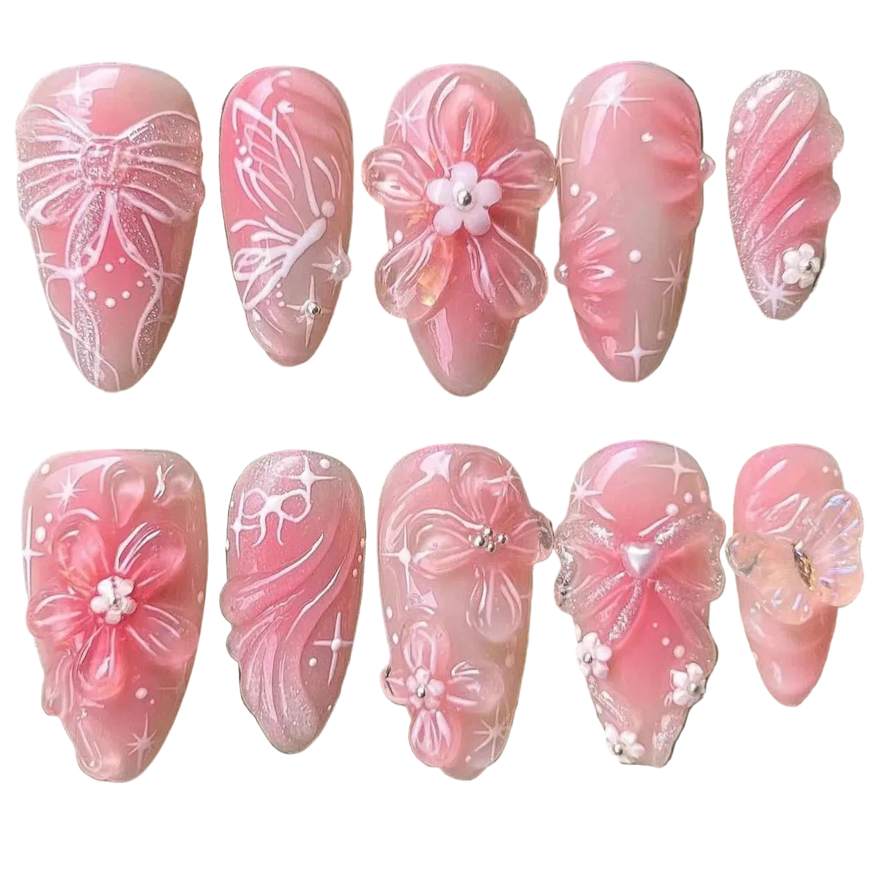 BlushTip™ Pink 3D Floral Almond Press-On Nails – 24pcs Korean Jelly Bloom Set