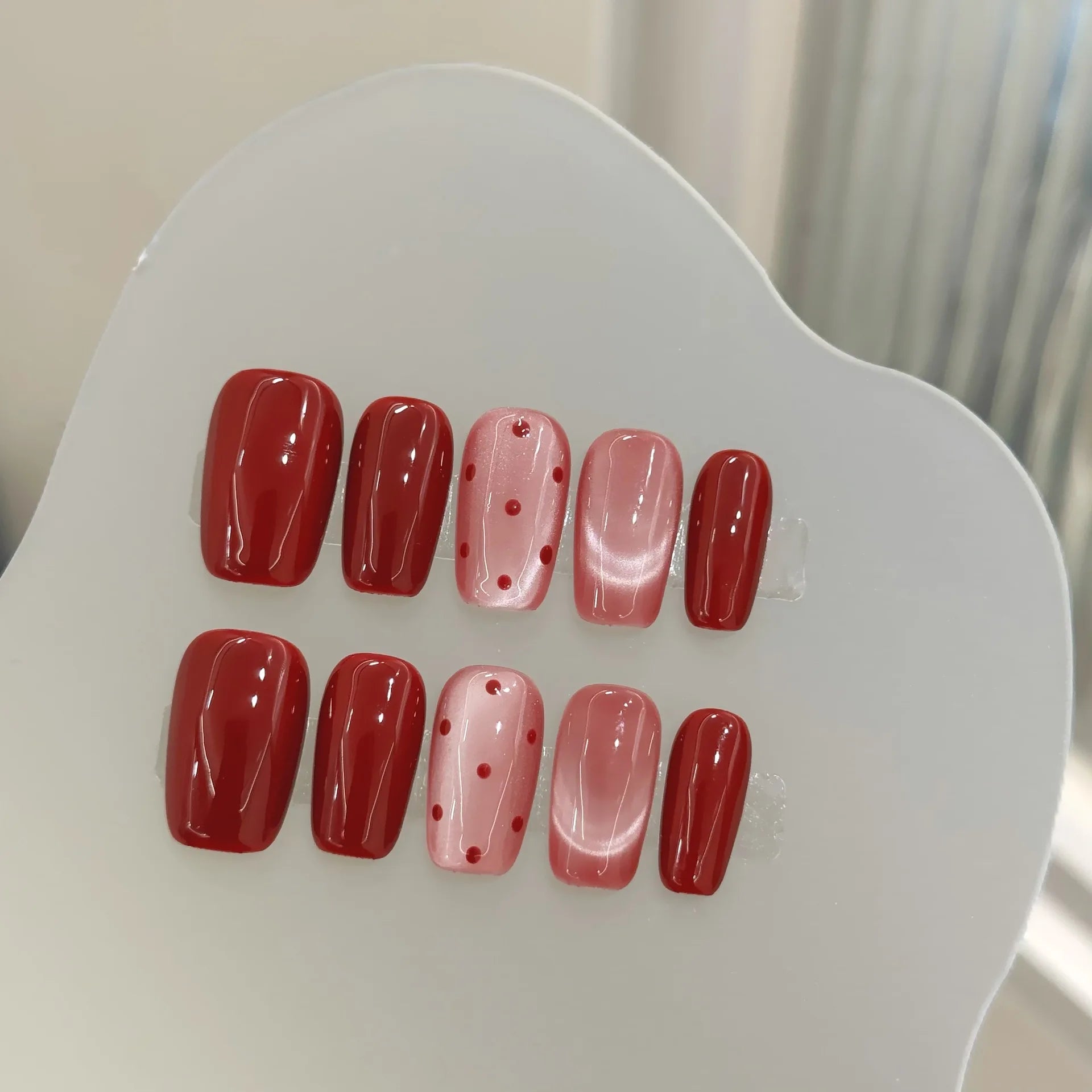 Handmade Red Wave Cat’s Eye Press-On Nails – Short Square Korean Style by Blushtip ❤️✨ (10pcs)
