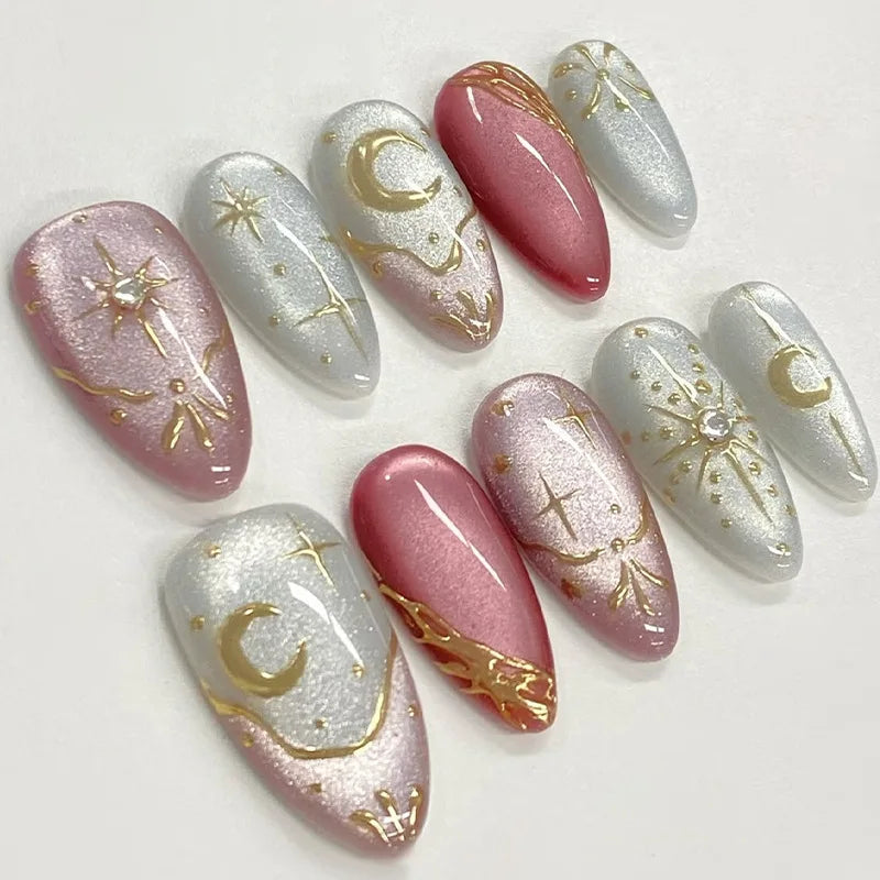 BlushTip™ Celestial Star Y2K Press-On Nails – Blue Gradient French Tip with Gold Moon (24pcs)